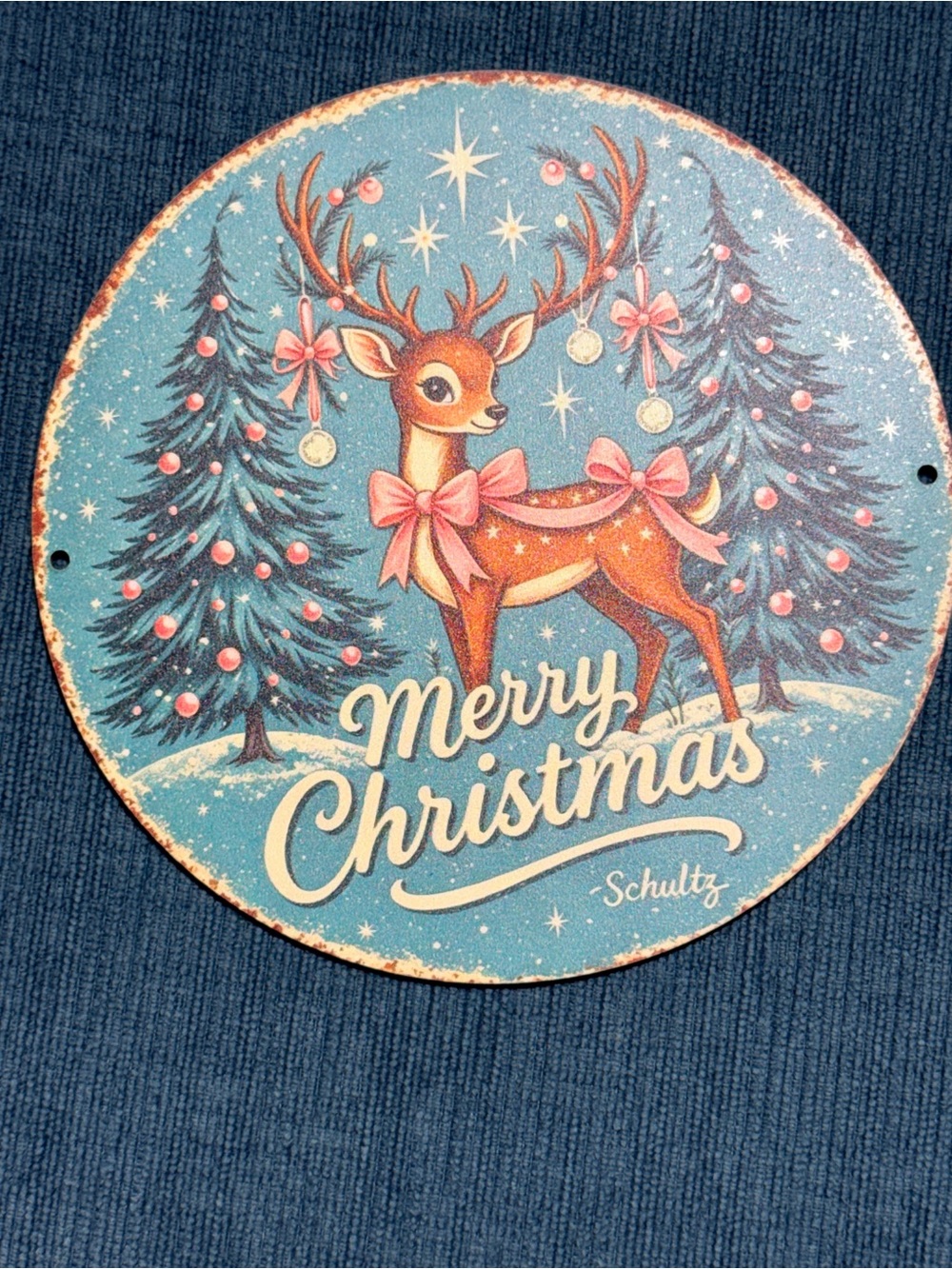 Schultz Vintage Reindeer Wall Plaque in Blue and Pink